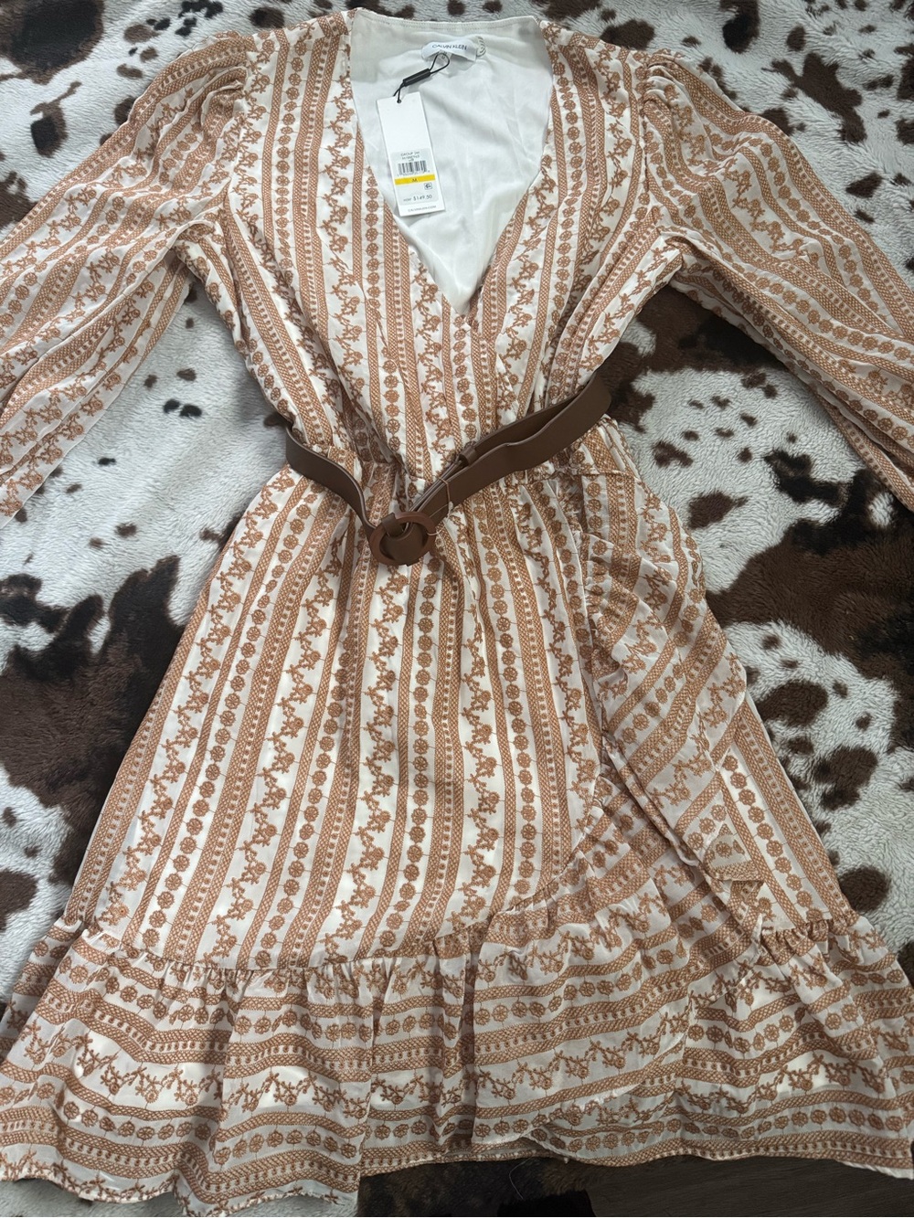 Calvin Klein Cream and Tan Patterned Wrap Dress with Belt